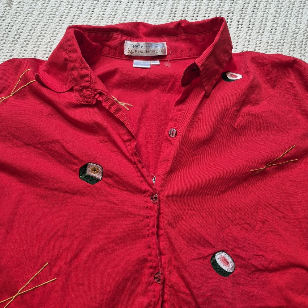 VTG Casey Coleman Shirt Womens L Red Sushi Roll Chopsticks Embroidered Novelty - Picture 3 of 8